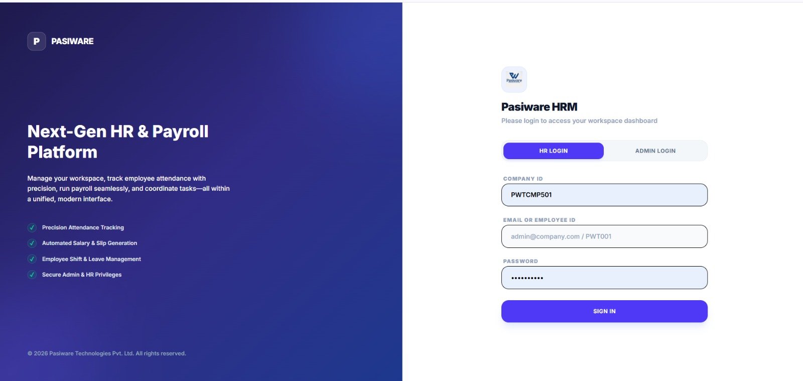 Pasiware HRM Login Page
