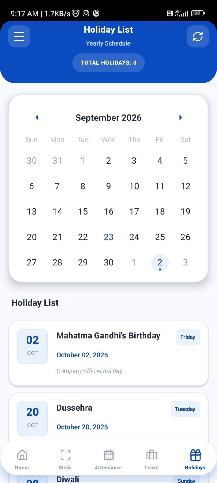 PWT Workpulse Holiday Calendar