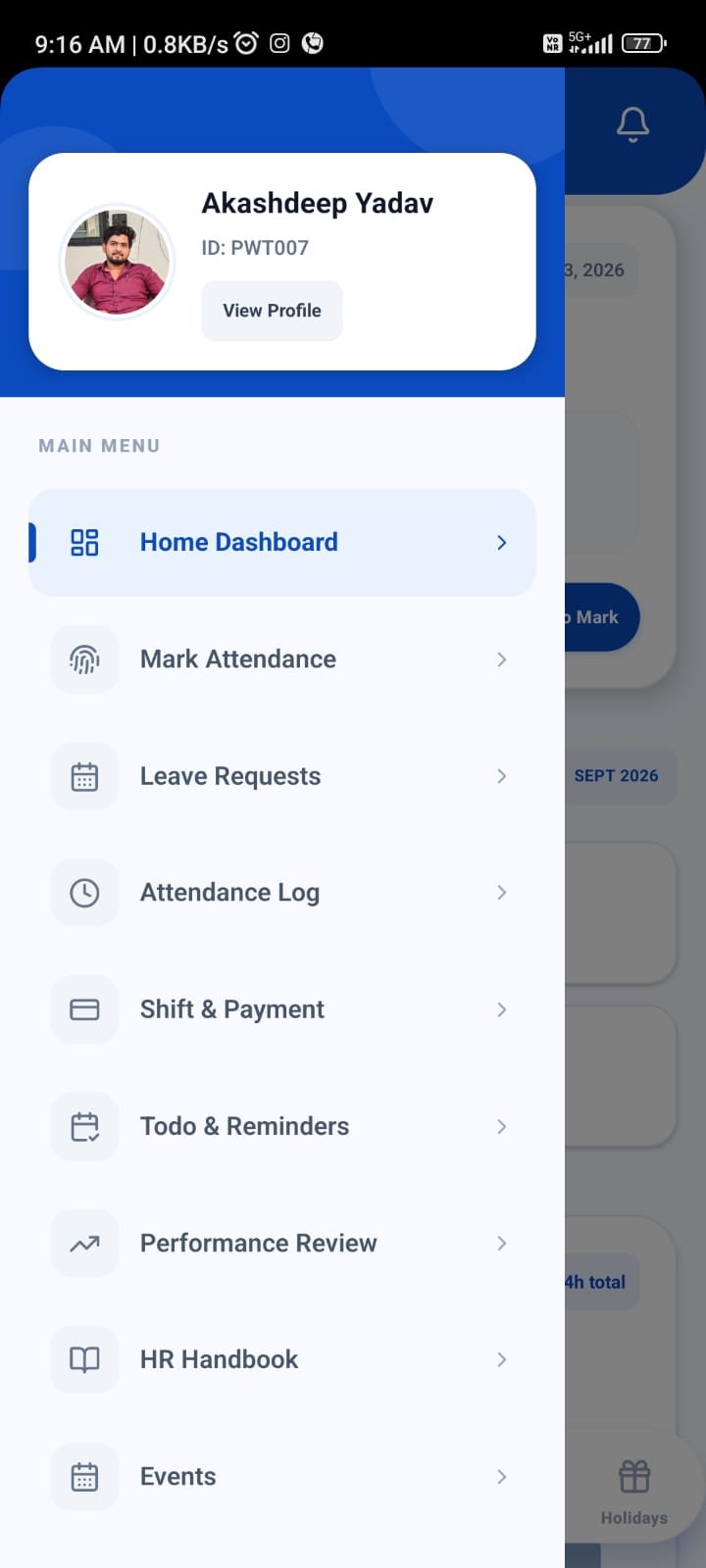 PWT Workpulse App Navigation Menu